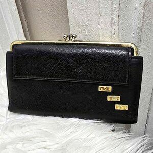 MEK Vintage Black Genuine Leather Trifold Purse Wallet